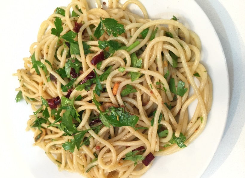 Spaghetti with Olive Oil, Garlic, Anchovies and Calabrian Pepper