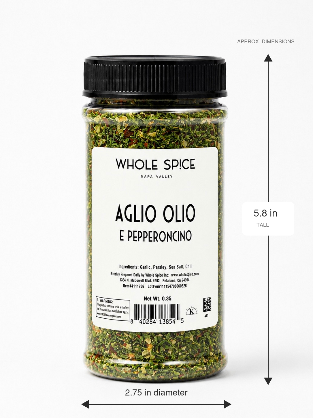A clear spice jar labeled “Aglio Olio E Pepperoncino” from Whole Spice Inc. features a savory Mediterranean blend of garlic and chili. The jar, measuring 5.8 inches tall with a 2.75-inch diameter and topped with a black lid, displays vibrant mixed spices inside along with listed ingredients.