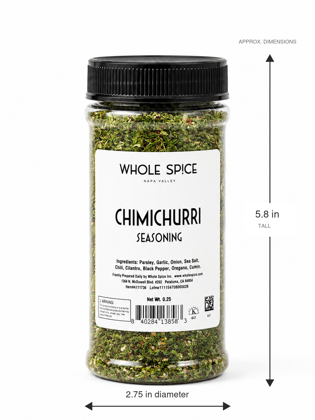 A clear plastic jar of Whole Spice Inc. Chimichurri Seasoning with a black lid contains a vibrant blend of green and red dried herbs, ideal for infusing bold Argentinian sauce flavor into grilled meats. The jar measures 5.8 inches in height and 2.75 inches in diameter.