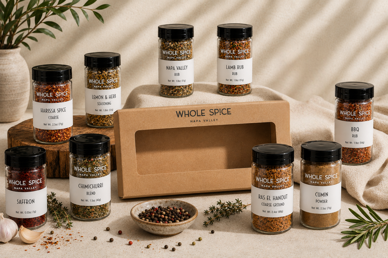 Nine Whole Spice, Inc. jars from the Build Your Own Gift Box are artfully arranged around a gift box, with herbs and peppercorns scattered nearby. Visible labels include Saffron, BBQ Rub, Chimichurri, and Lamb Rub.