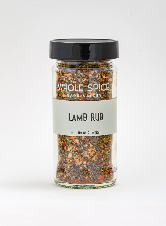 A jar of Whole Spice Inc. Lamb Rub, labeled and packed with a vibrant blend of Mediterranean spices—ideal for the perfect dry rub.