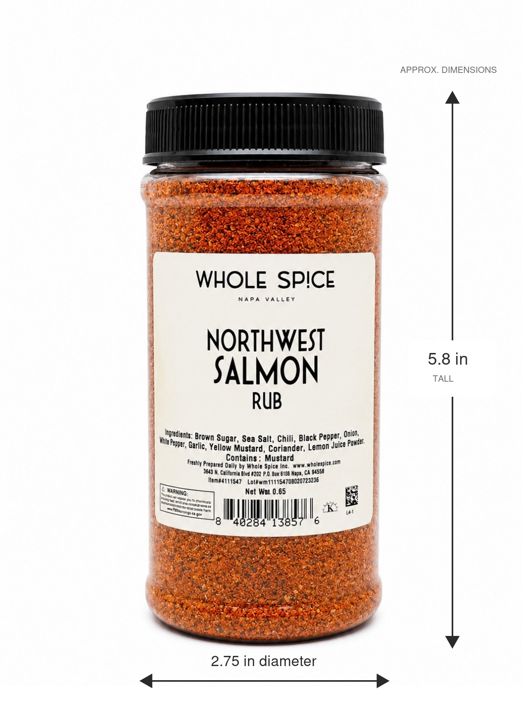 A jar of Whole Spice Inc. Northwest Salmon Rub with a white label featuring ingredients and a barcode. Ideal for gourmet fish seasoning or elevating cedar plank salmon, the jar measures 5.8 inches in height and 2.75 inches in diameter.