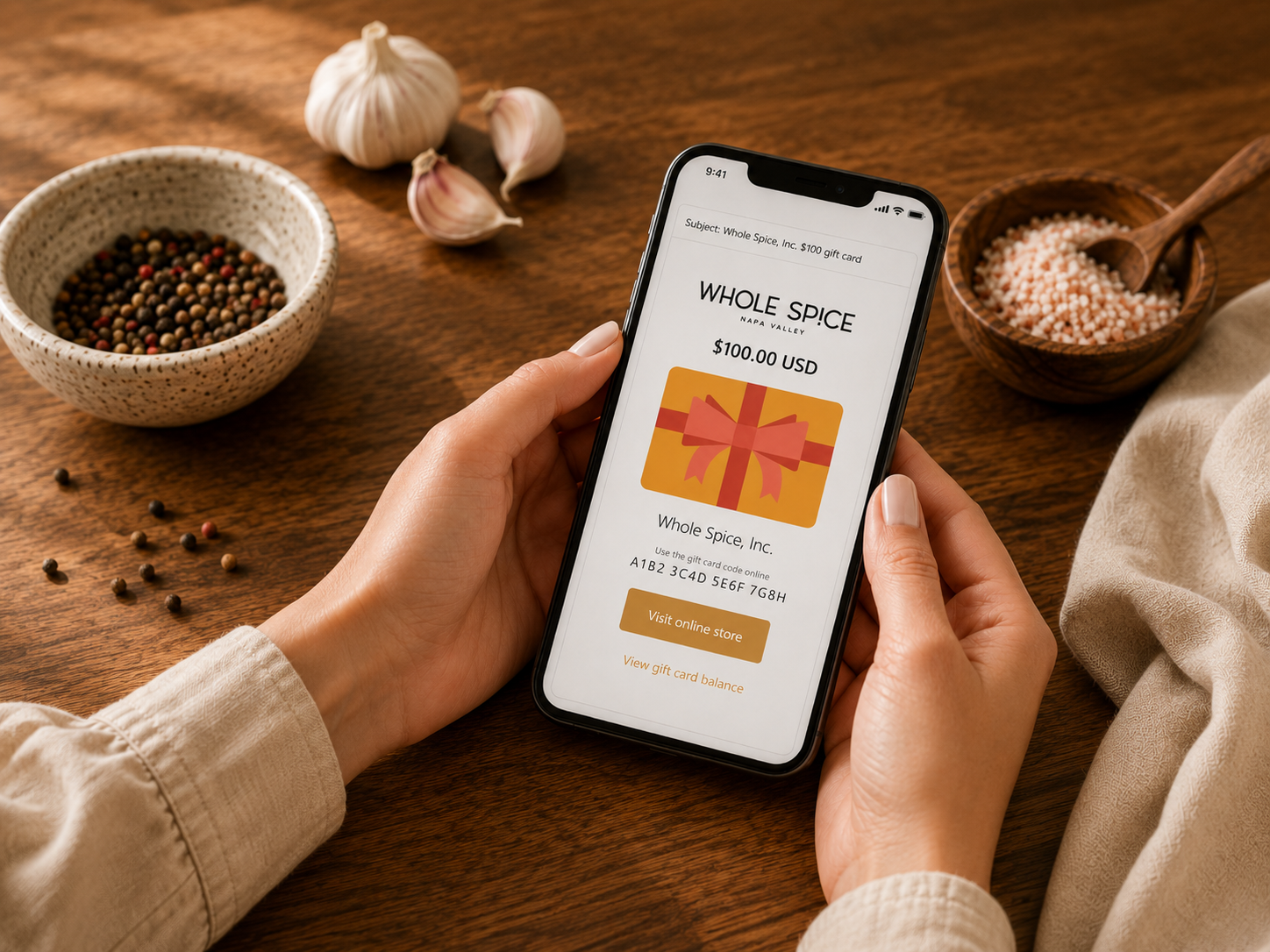 A person holds a smartphone displaying a $100 Whole Spice Digital Gift Card from Whole Spice Inc. The phone rests on a wooden table, surrounded by bowls filled with fresh spices—peppercorns, grains, and garlic—in the background.