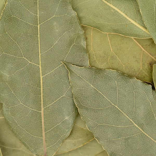 A close-up of Bay Leaves Whole by Whole Spice Inc. shows overlapping pale green leaves with intricate veins—an essential classic spice for cooking.