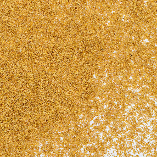 A close-up of golden-yellow cornmeal scattered on a white surface, with a hint of Whole Spice Inc. Coriander Powder Organic adding a subtle aroma.