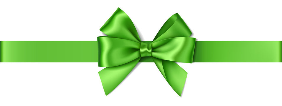 A shiny green ribbon tied in a bow is centered on a white background, creating an elegant presentation for the Whole Spice Digital Gift Card from Whole Spice Inc.