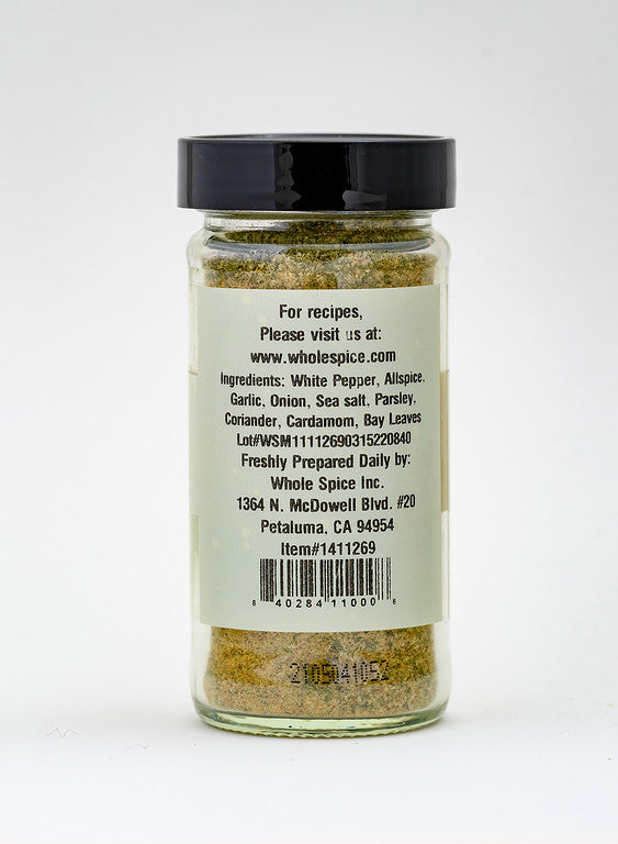 The Istanbul Fish Seasoning by Whole Spice Inc. comes in a clear jar with a black lid and a white back label listing ingredients like white pepper, allspice, and garlic—ideal as an Istanbul blend or for flavorful fish dishes.