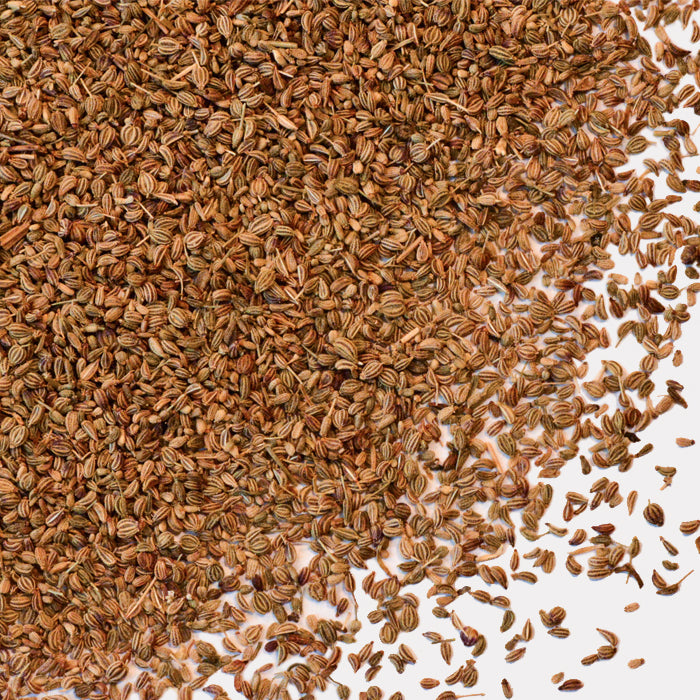 A close-up of Whole Spice Inc. Ajwain Seed Whole shows a large pile scattered on a white surface, densely grouped in the upper left and thinning toward the bottom right—popular for Indian cooking.