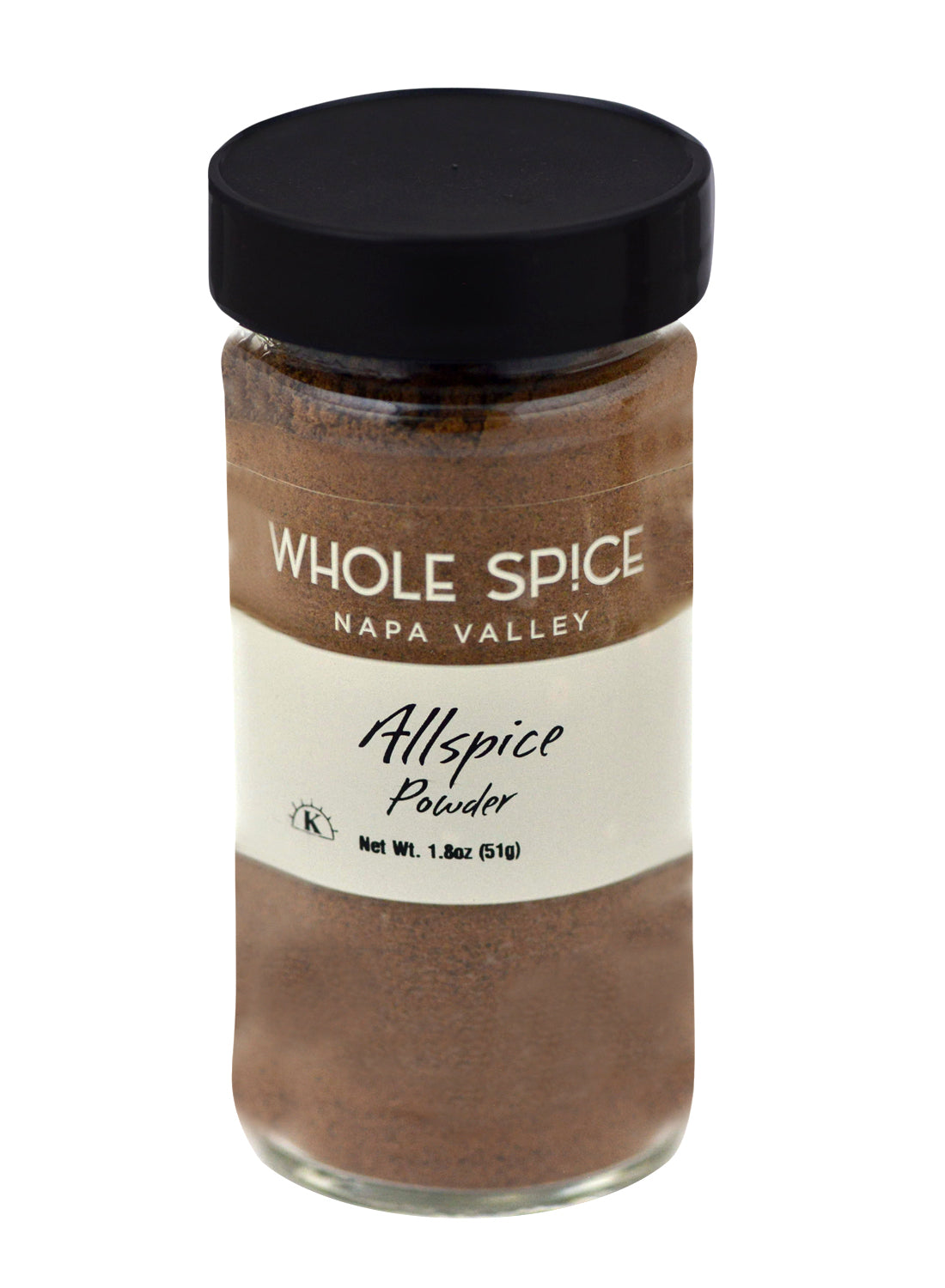 A clear glass jar with a black lid labeled Whole Spice Inc. Allspice Powder, Net Wt. 1.8oz (51g), contains rich brown Jamaican spice, commonly called Jamaica pepper.