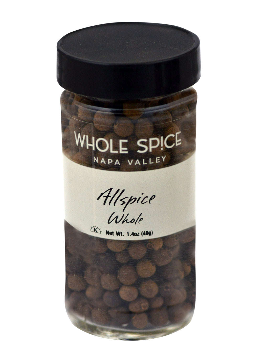 A clear glass jar labeled Whole Spice Inc. Allspice Whole, filled with aromatic Jamaican spice berries (Jamaica pepper) and sealed with a black lid. Net weight: 1.4 oz (40g).