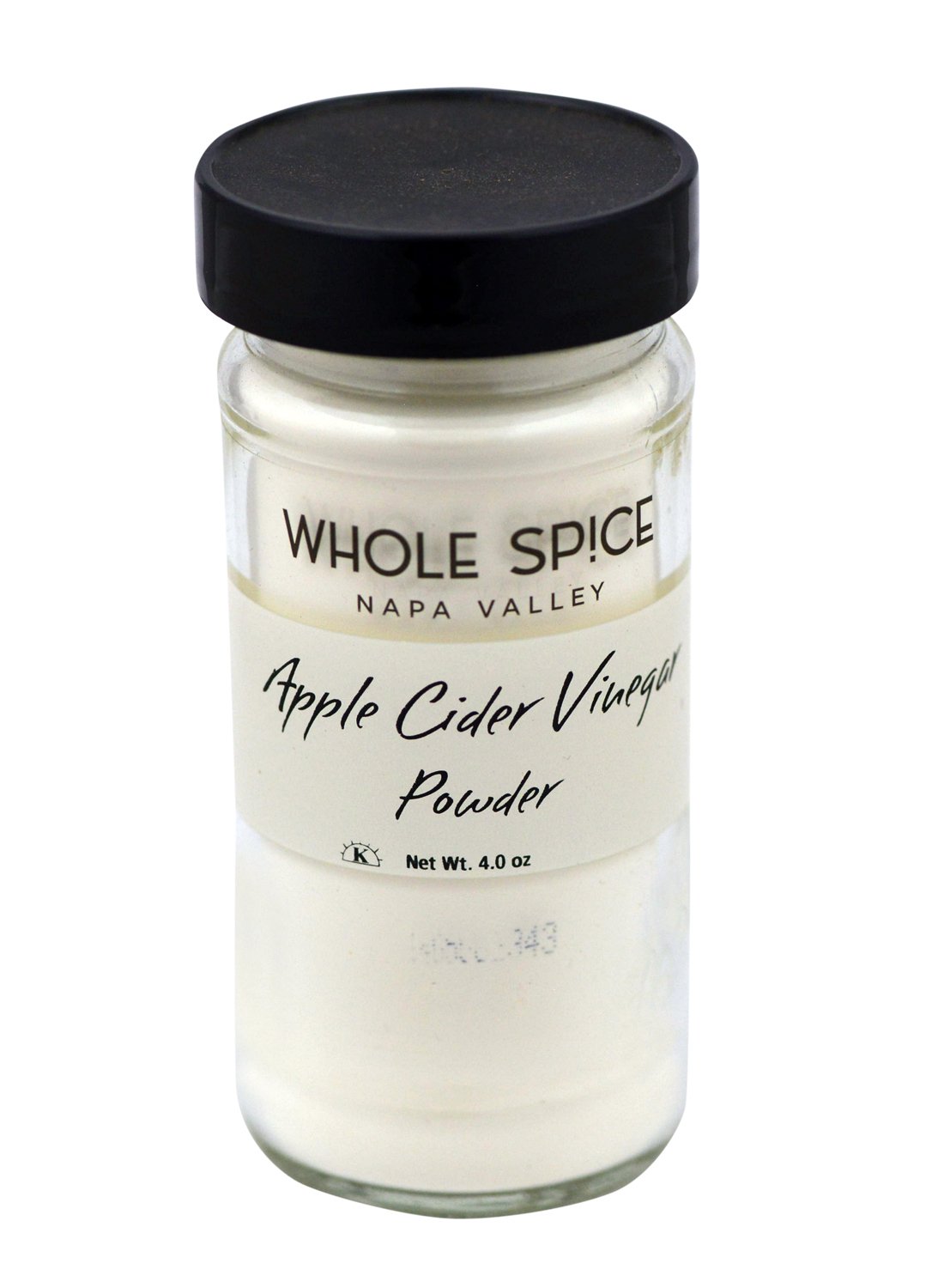 A 4.0 oz glass jar of Whole Spice Inc. Apple Cider Vinegar Powder with a black lid contains white powder ideal for seasoning blends or adding tangy flavor to recipes.