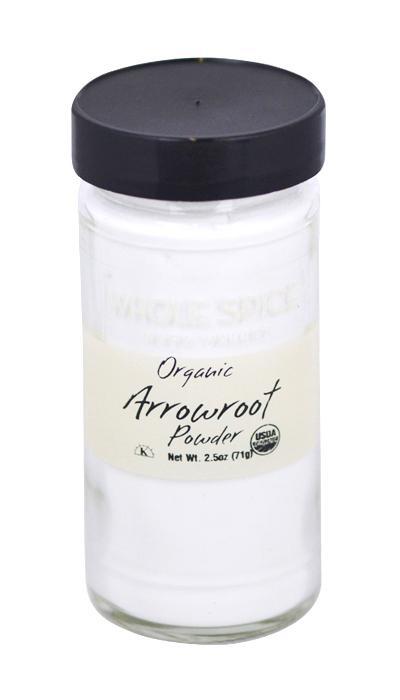 A clear glass jar with a black lid labeled "Whole Spice Inc. Arrowroot Powder Organic" contains 2.5 oz (71 g) of gluten-free thickening agent. The label shows it is USDA organic and the powder is visible inside.