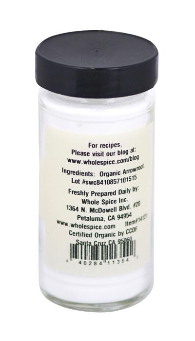 Arrowroot Powder Organic by Whole Spice Inc. comes in a clear glass jar with a black lid. The back label lists ingredients, recipe website, thickening agent info, manufacturer’s address, and certification details. Gluten free and organic.