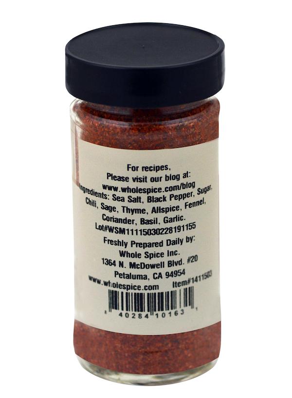 Whole Spice Inc. Beef Rub comes in a clear jar with a black lid, featuring ingredients such as sea salt, black pepper, sugar, chili, and herbs. Ideal for steak or grilling. Includes company contact info and a barcode on the back label.