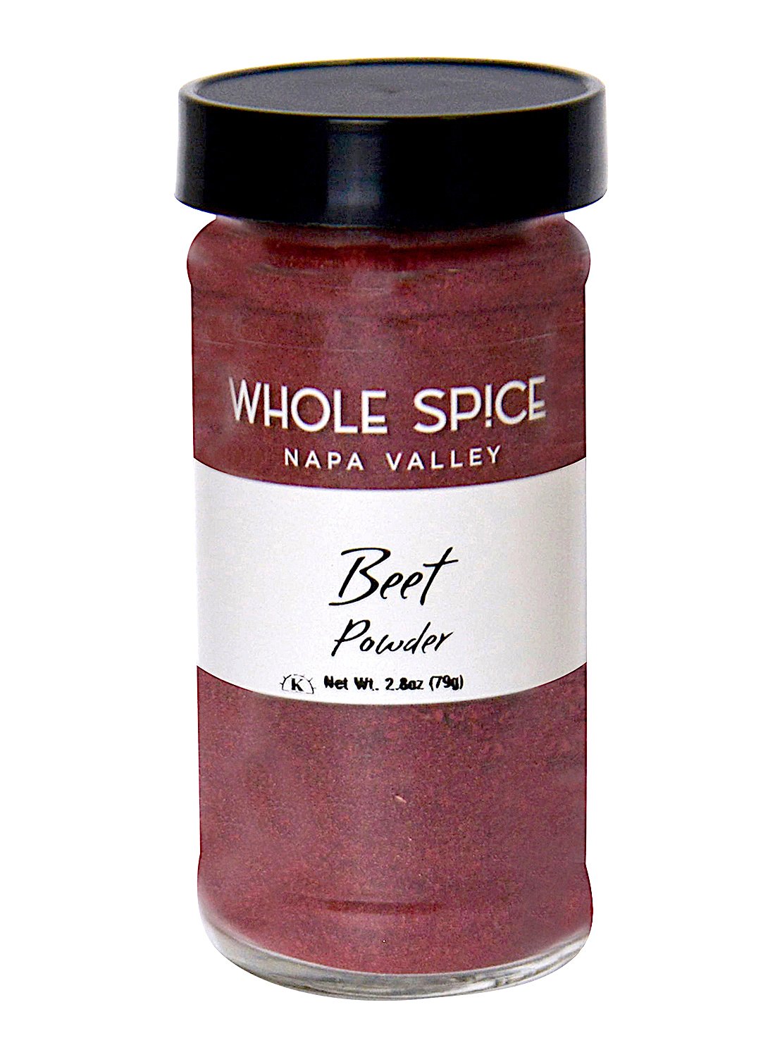 A 2.8 oz (79g) glass jar of Whole Spice Inc. Beet Powder, made from dehydrated ground beets, features a black lid and white label with product details. The deep reddish-purple powder adds vibrant natural color to dishes.