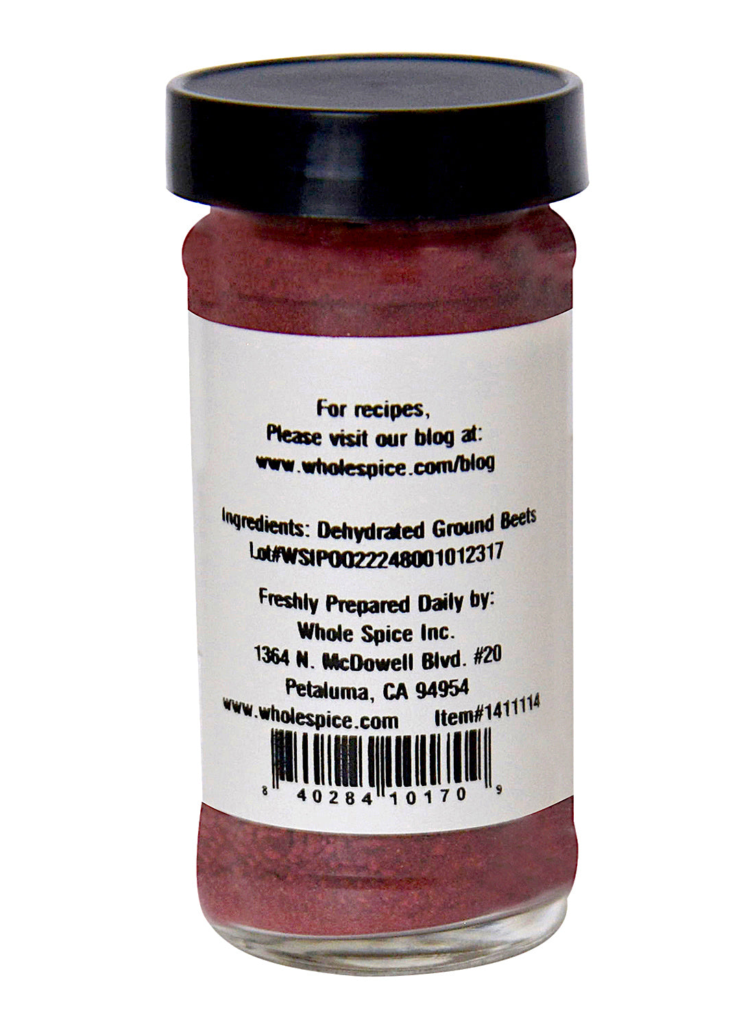 Whole Spice Inc. Beet Powder comes in a clear glass jar with a black lid. The label lists dehydrated ground beets as the ingredient, includes prep tips, a recipe website, and has a barcode at the bottom.