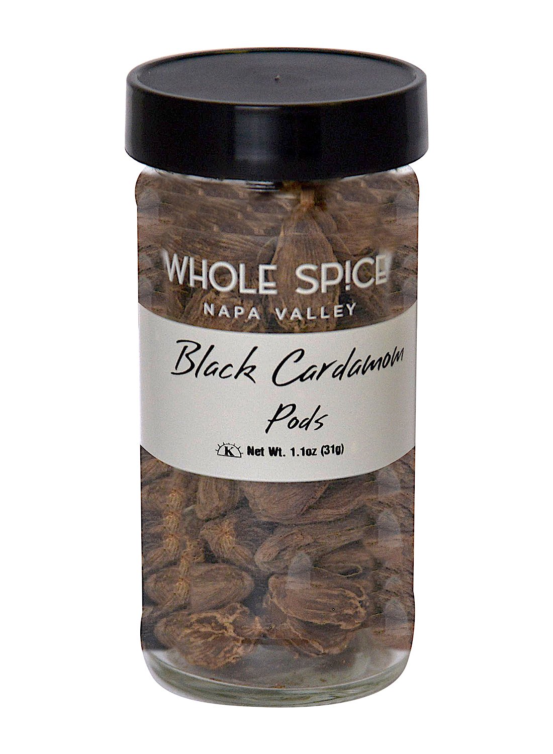 A clear jar with a black lid labeled Whole Spice Inc. Black Cardamom Pods, filled with aromatic brown pods—ideal for garam masala blends. Net weight: 1.1 oz (31g).
