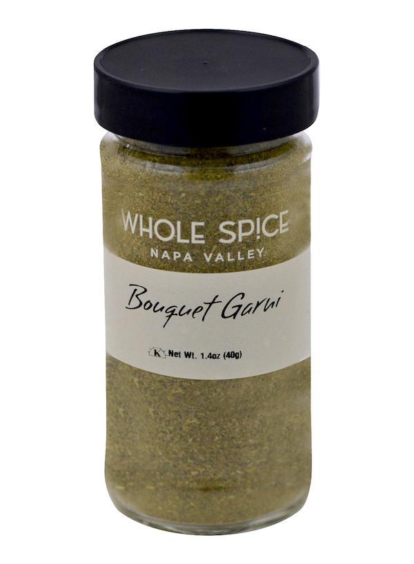 A glass jar with a black lid holds Whole Spice Inc. Bouquet Garni herb blend. The label shows the product name and net weight of 1.4 oz (40g), making it perfect for classic soup seasoning.