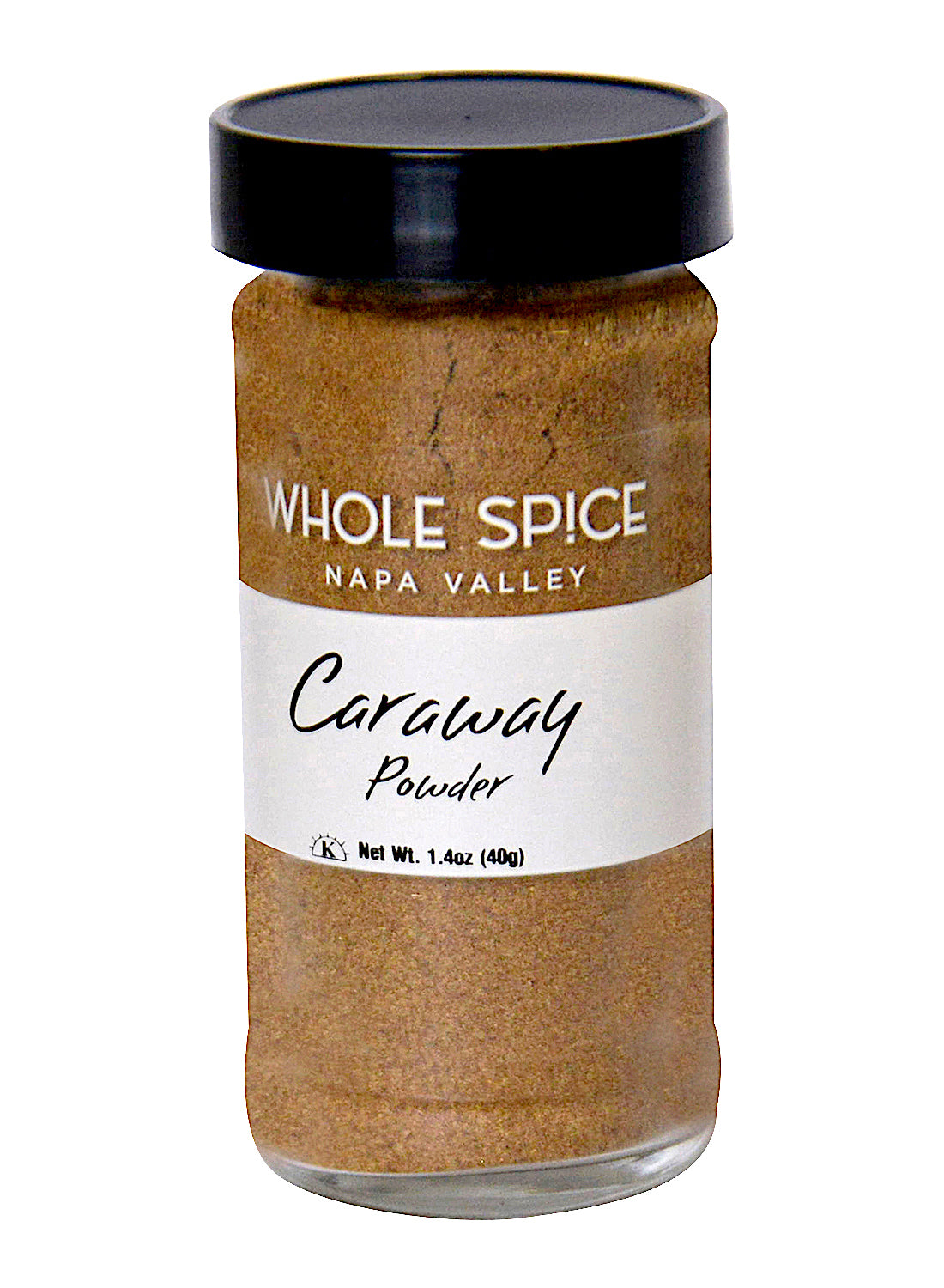 A 1.4oz (40g) glass jar of Whole Spice Inc. Caraway Seed Powder features a black lid and white label with the product name. Add warm, earthy caraway flavor to your favorite dishes with this aromatic spice.