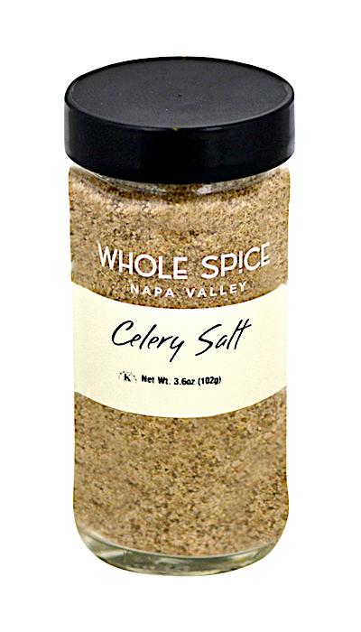 A 3.6 oz (102g) glass jar of Whole Spice Inc. Celery Salt with a black lid, perfect for adding classic celery salt flavor to recipes or as an Old Bay Seasoning substitute.