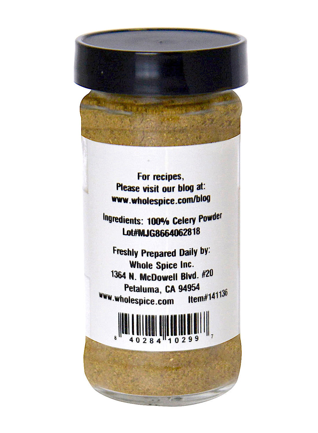 A clear jar labeled "Celery Seed Powder" by Whole Spice Inc. (Petaluma, CA) with a black lid. Great for Mediterranean dishes; features a barcode and website for recipes on the label.