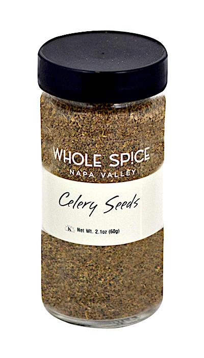 A 2.1 oz (60g) clear glass jar of Whole Spice Inc. Celery Seeds with a black lid—ideal for enhancing Mediterranean recipes with bold flavor.