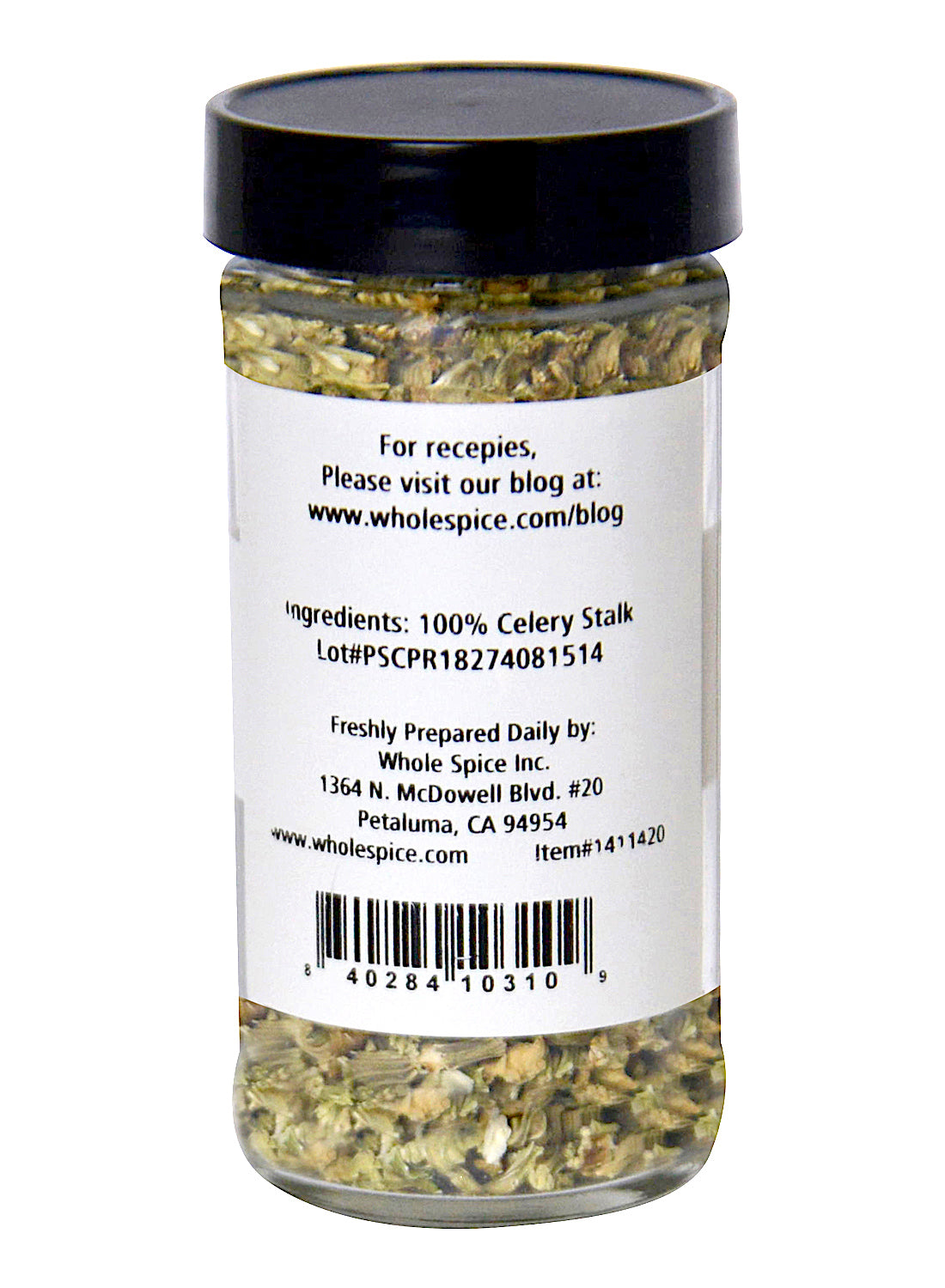 A jar of Whole Spice Inc. Celery Stalk Diced displays the back label with ingredient info, ideal for chicken noodle soup, plus a blog link, company address, and barcode at the bottom.