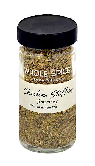 A 1.3 oz (37g) glass jar of Whole Spice Inc. Chicken Stuffing Seasoning with a black lid, featuring a savory herb blend of classic stuffing spices—perfect for roast chicken.