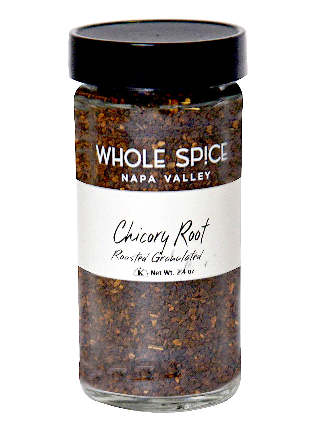 A 2.4 oz glass jar of Whole Spice Inc. Chicory Root Roasted Granulated features caffeine-free, dark brown chicory root with a black lid, white label, and supports liver health.