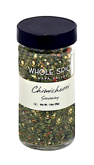 Whole Spice Inc. Chimichurri Seasoning comes in a jar with a black lid, perfect for adding bold South American flavors to your grilled meats.