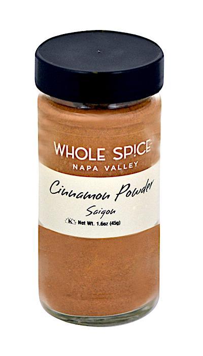 A 1.6 oz (45g) glass jar of Whole Spice Inc. Cinnamon Powder Saigon, featuring a black lid and white label, known for its rich, aromatic flavor and value in traditional Chinese medicine.