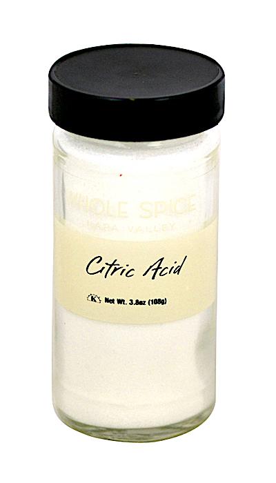 Whole Spice Inc. Citric Acid comes in a clear 3.8 oz (108g) glass jar with a black lid, ideal for sausage making or adding a tangy flavor to recipes. Also known as sour salt, this white powder is perfect for your kitchen needs.