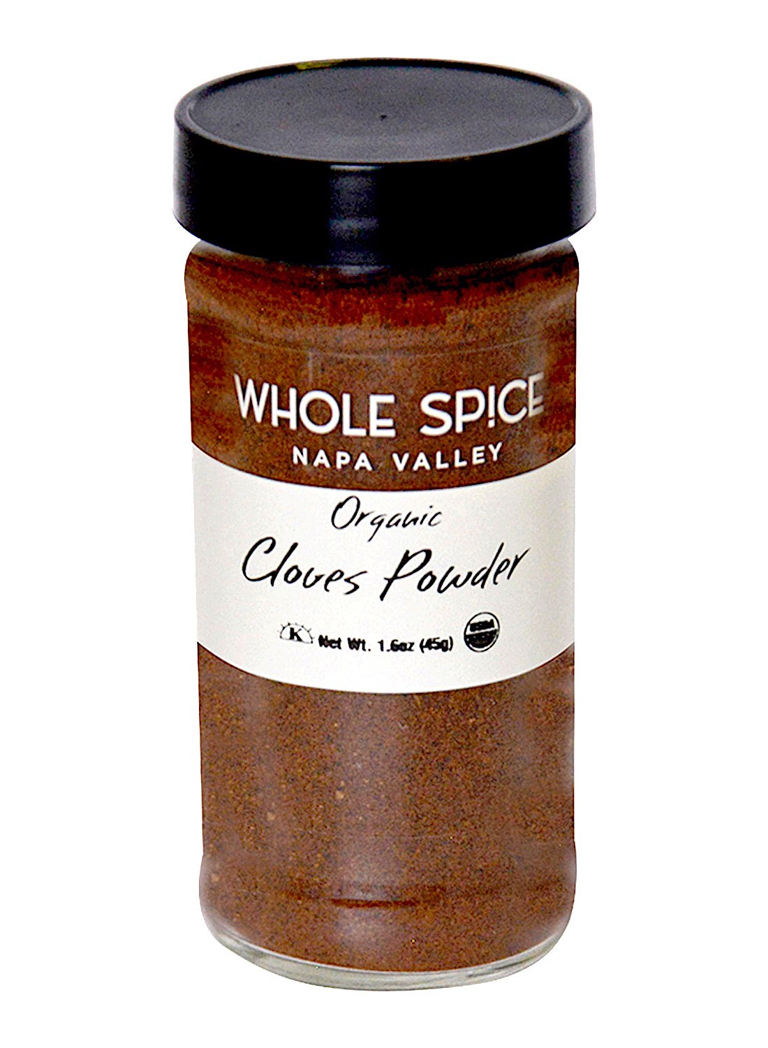 A glass jar of Whole Spice Inc. Cloves Ground Organic with a black lid and white label is ideal for adding organic ground cloves to your favorite dishes.