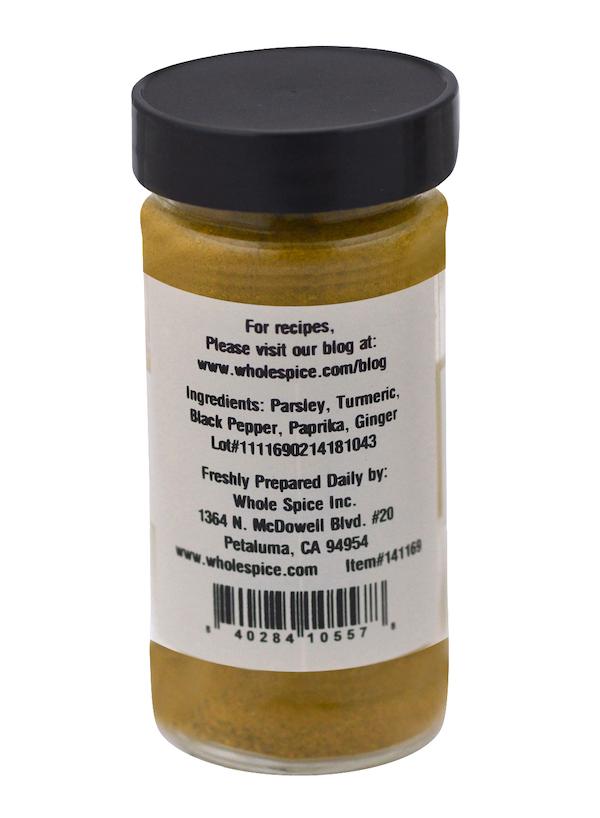 The Couscous Spice Mix from Whole Spice Inc. comes in a jar with an ingredient label—ideal for Moroccan or vegetarian couscous—plus the brand website, Petaluma, CA location, and a barcode at the bottom.