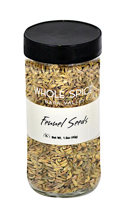 A clear glass jar with a black lid holds aromatic Fennel Seeds from Whole Spice Inc., Net Wt. 1.6oz (45g)—ideal for elevating your favorite recipes.