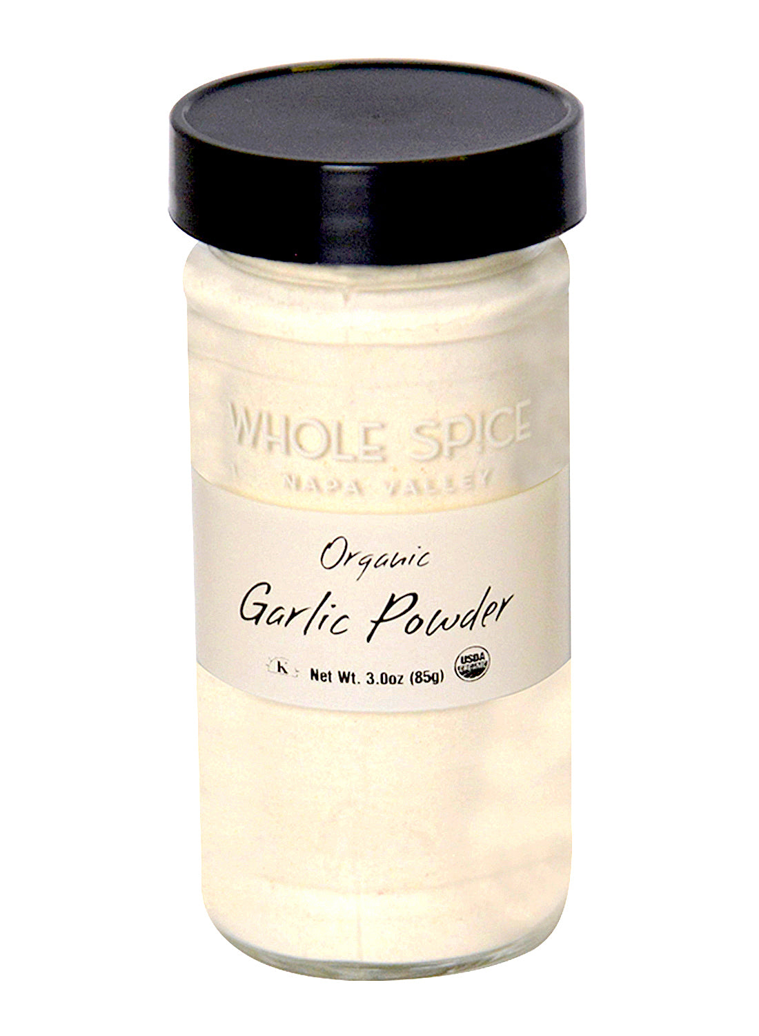 Whole Spice Inc. Garlic Powder Organic comes in a clear glass jar with a black lid, holds 3 oz (85 g) of dehydrated garlic, and features the USDA organic logo—ideal for adding bold flavor to your dishes.