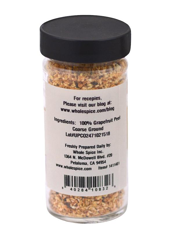 Whole Spice Inc. Grapefruit Peel comes in a clear jar with a black lid, contains 100% coarse ground grapefruit peel, and is perfect for marmalade recipes; label features contact info and the Whole Spice website for inspiration.