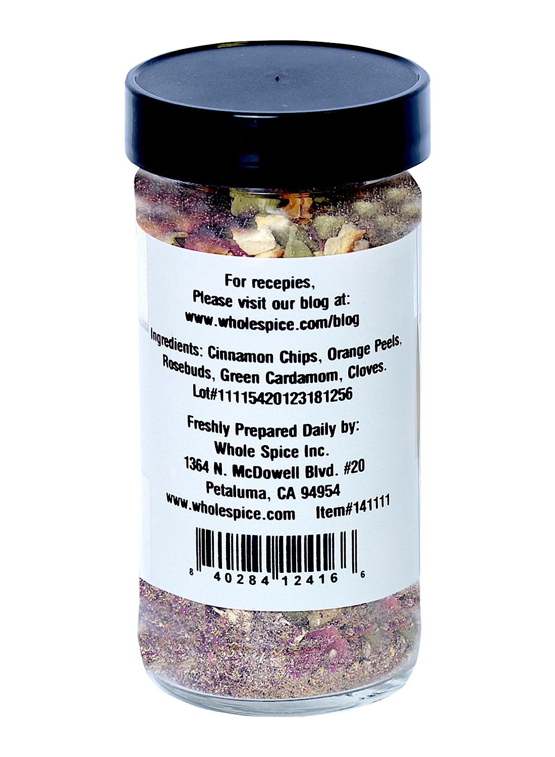 The Havdalah Mix by Whole Spice Inc. comes in a clear spice jar with a black lid, featuring whole cinnamon chips, orange peels, rosebuds, green cardamom, and cloves—ideal for the Jewish Sabbath ceremony. Contact info included on the label.