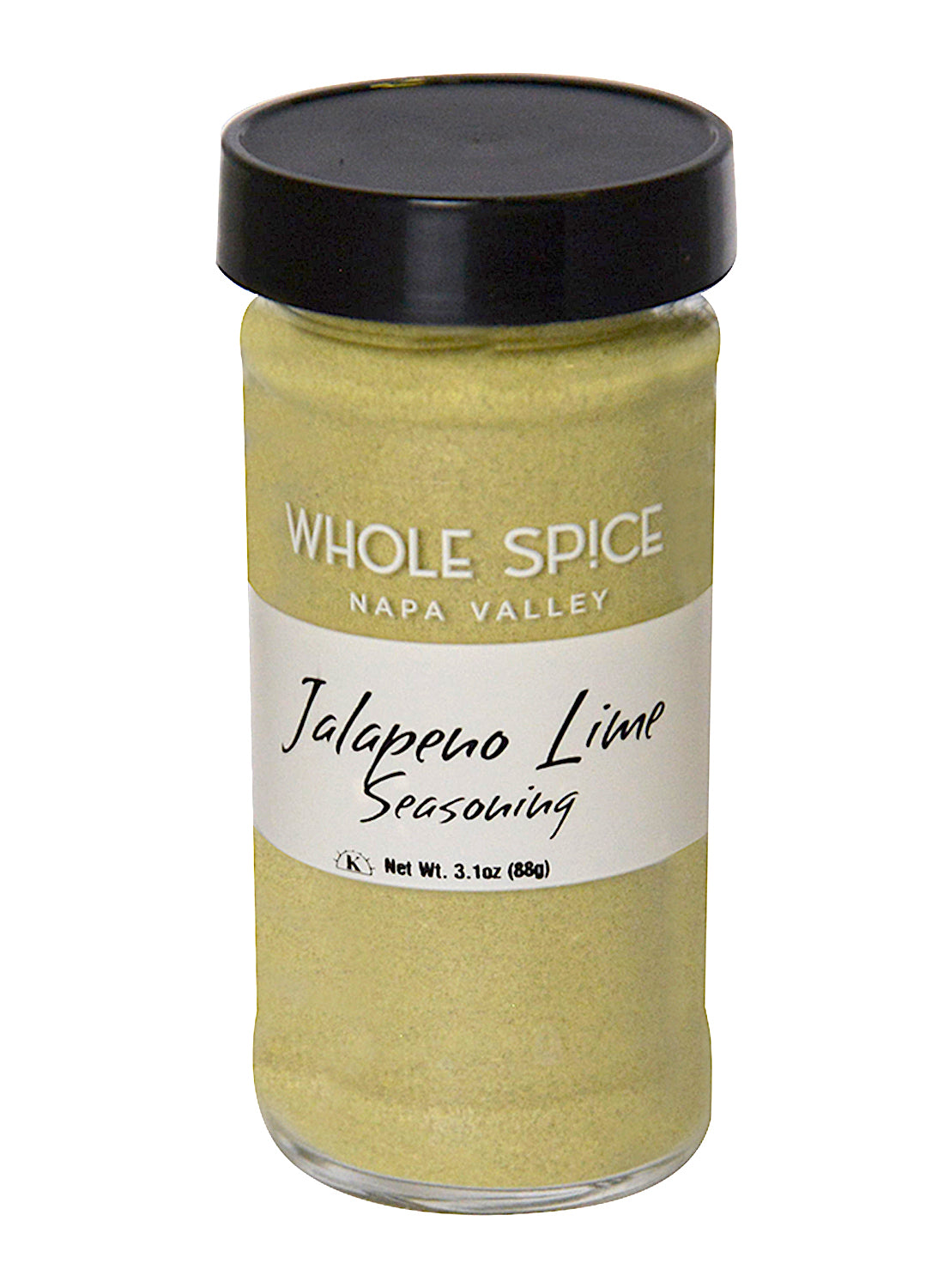 A clear glass jar with a black lid, labeled Whole Spice Inc. Jalapeño Lime Seasoning, holds 3.1 oz (88g) of light green citrus seasoning powder made with jalapeño chili.