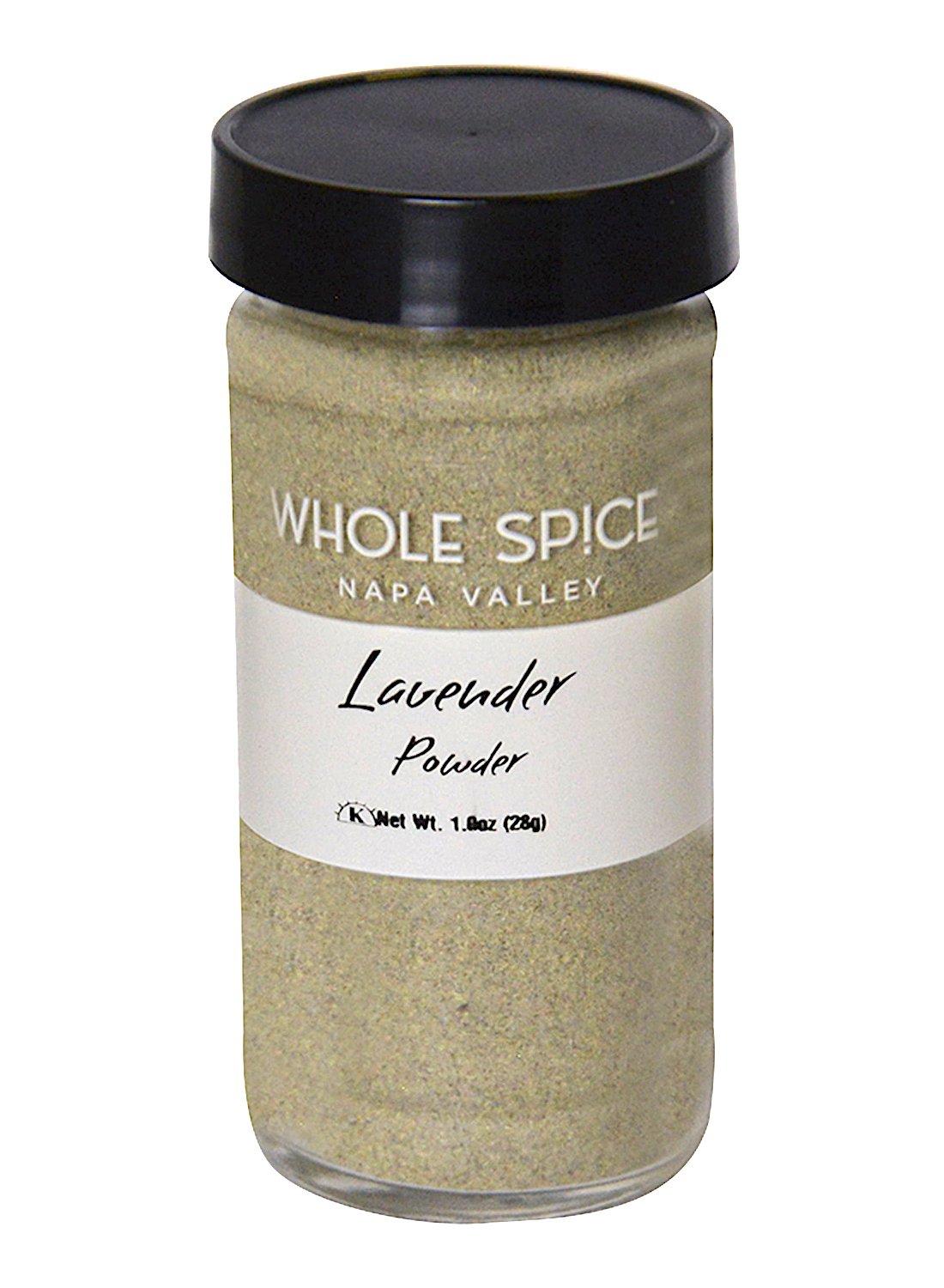 A 1oz (28g) glass jar of Whole Spice Inc. Lavender Powder, with a black lid, contains light purple aromatic culinary lavender flower powder.