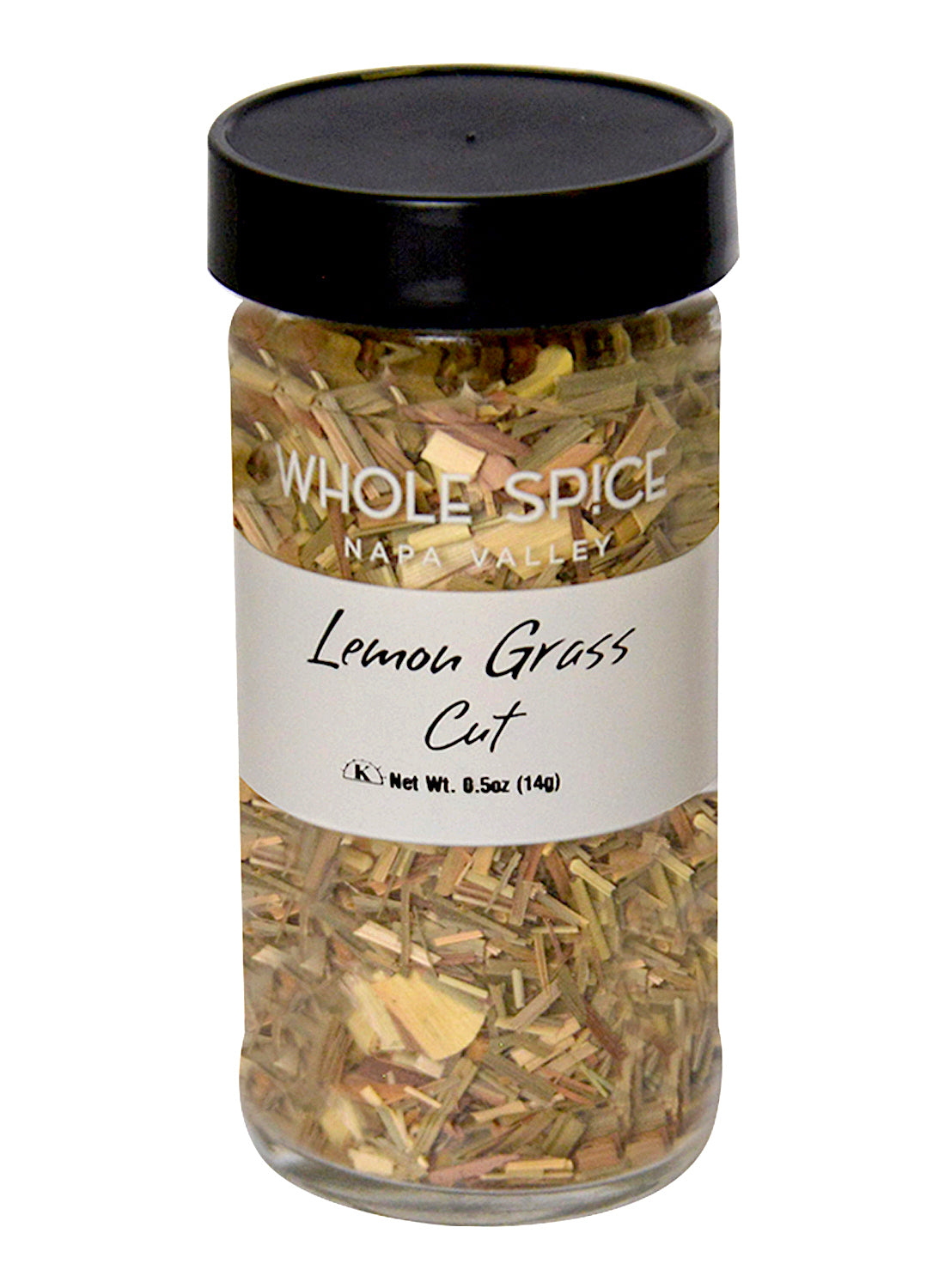 A clear spice jar with a black lid labeled Whole Spice Inc. Lemon Grass, containing dried lemongrass pieces—ideal for Thai and South Asian cuisine. Net weight: 5 oz (140 g).