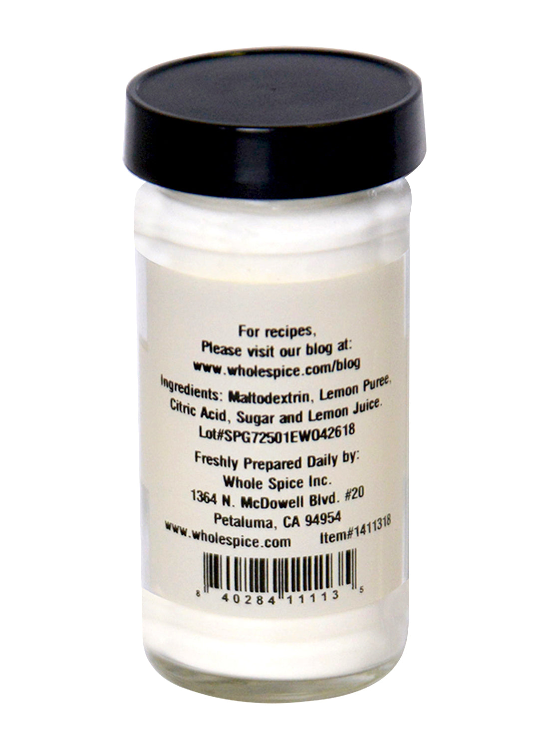 Whole Spice Inc. Lemon Juice Powder comes in a white bottle with black lid, making it a convenient lemon juice substitute for any recipe.