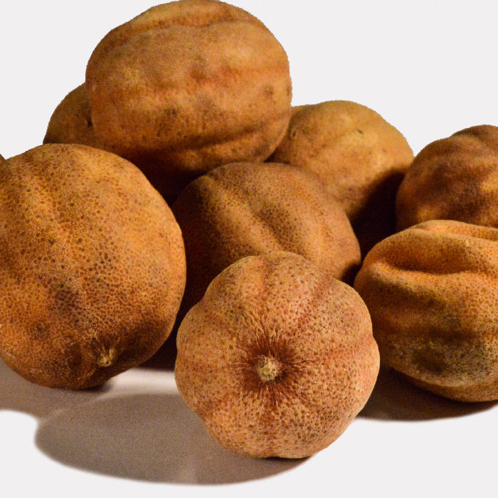 Whole Spice Inc. Lemon Omani White Whole features dried, brown lemons with textured, wrinkled skins, known as a powerful souring agent, arranged on a white surface.