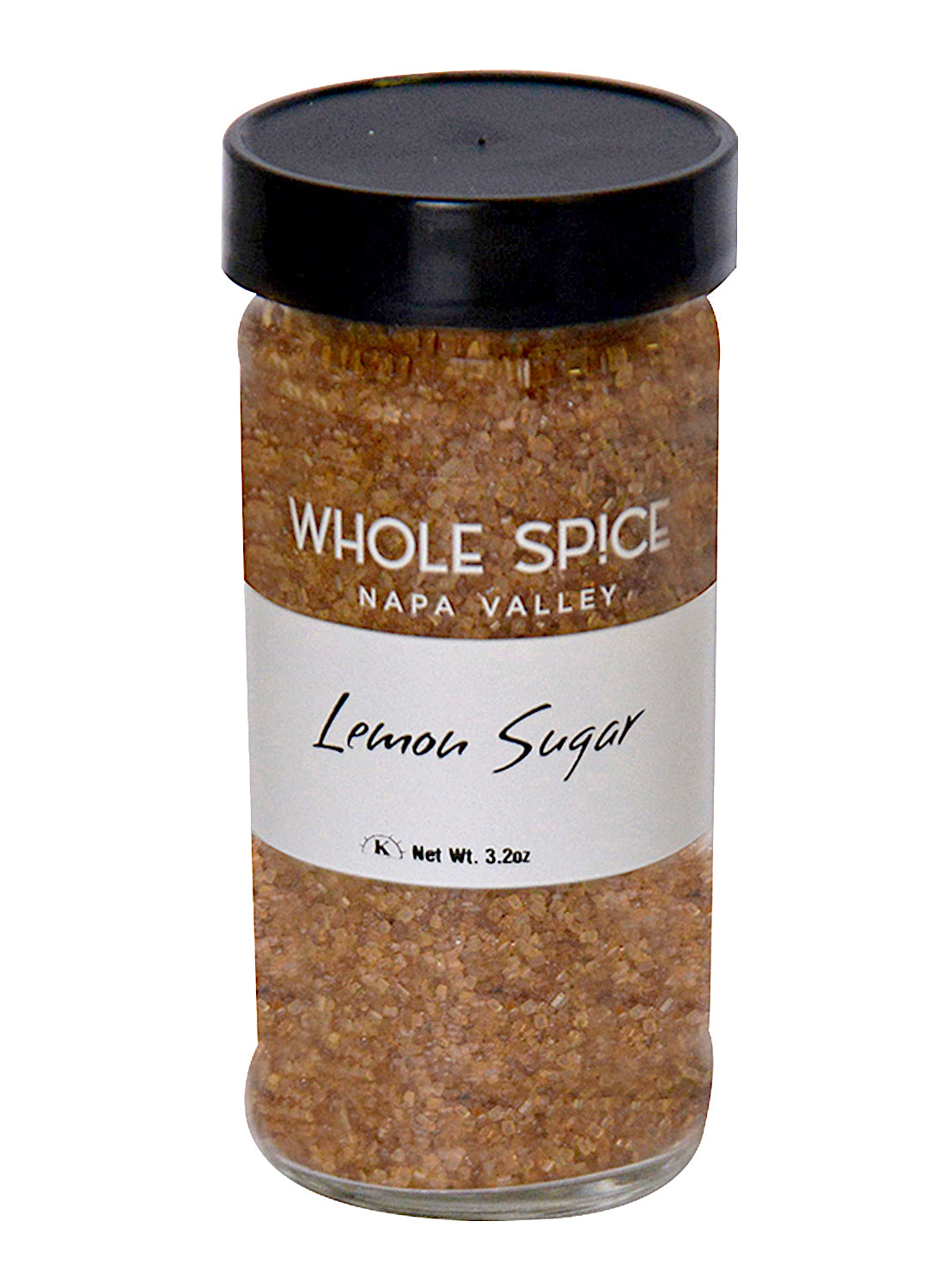 A clear glass jar with a black lid holds Whole Spice Inc. Lemon Sugar, featuring coarse brown crystals and a white label. This 3.2 oz jar contains organic sugar, perfect for adding zest to lemon bars.