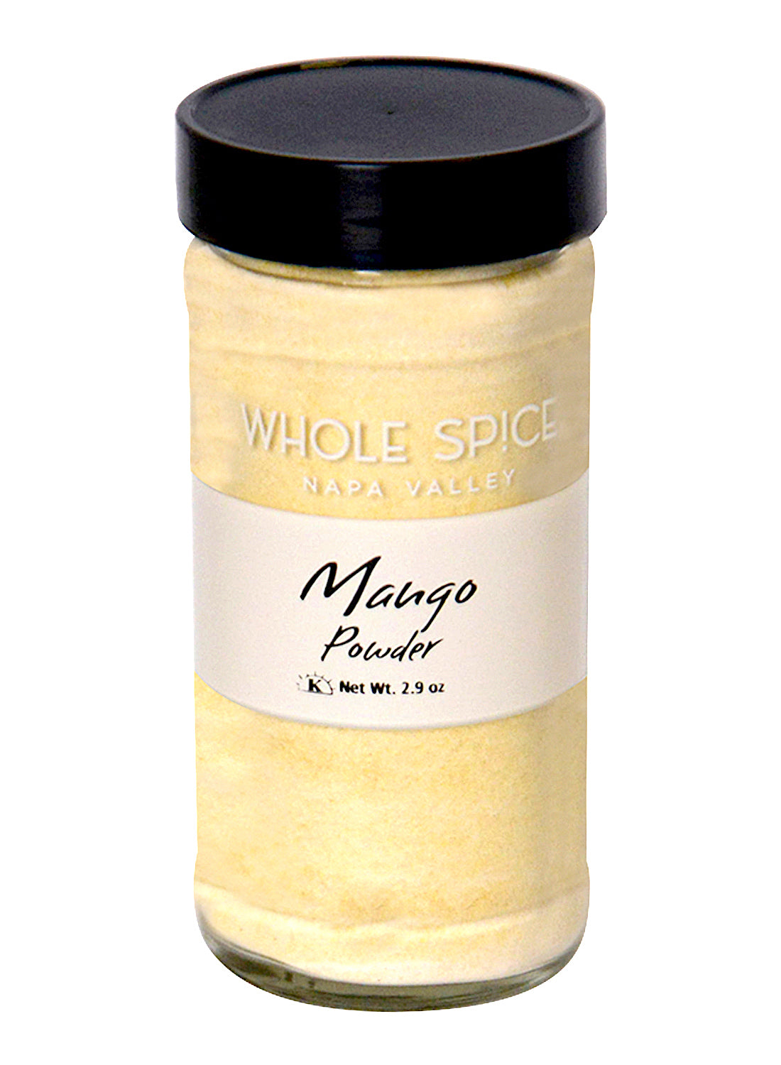 A clear glass jar with a black lid contains pale yellow Mango Fruit Powder by Whole Spice Inc., Net Wt. 2.9 oz, ideal for snack mixes and seasoning blends.