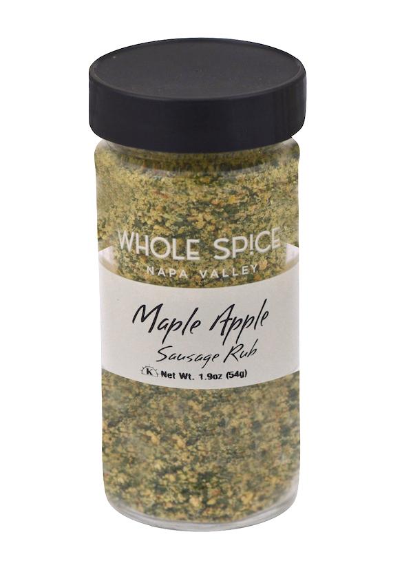 A jar of Whole Spice Inc. Maple Apple Sausage Rub with a black lid.