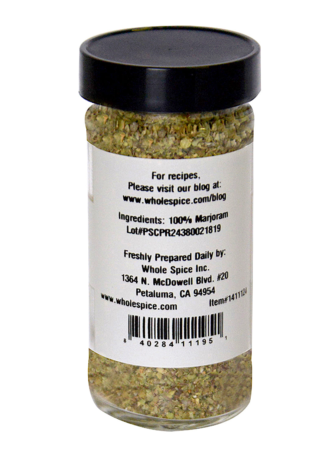 Whole Spice Inc. Marjoram Leaves come in a clear jar with a black lid, containing 100% marjoram. The label features the website and address for Whole Spice Inc., Petaluma, CA—ideal for seasoning your favorite dishes.
