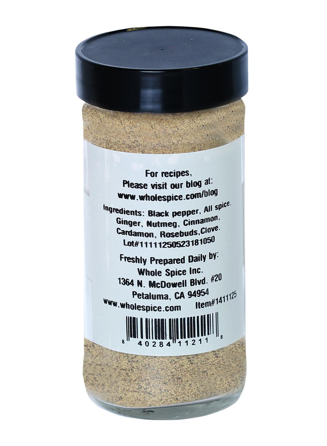 Mecalef Egyptian Mix by Whole Spice Inc. comes in a clear jar with a black lid and label, featuring a peppery-floral blend of black pepper, allspice, ginger, nutmeg, cinnamon, cardamom, rosebuds & clove—perfect for chicken and vegetables.