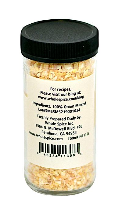 A jar of Onion Minced by Whole Spice Inc. features dehydrated onion, a versatile culinary ingredient.