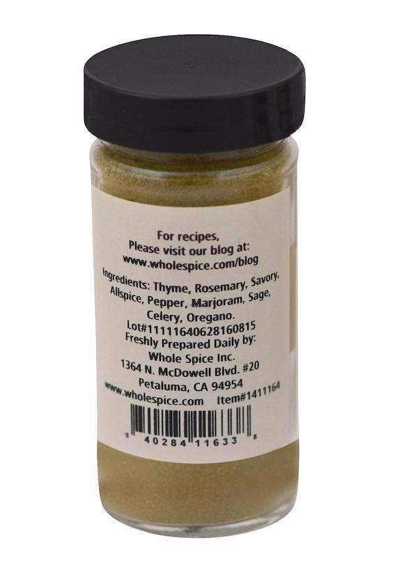 Whole Spice Inc. Poultry Seasoning, a jar of spice with a label, is perfect as an herb seasoning or poultry rub to enhance your favorite dishes.